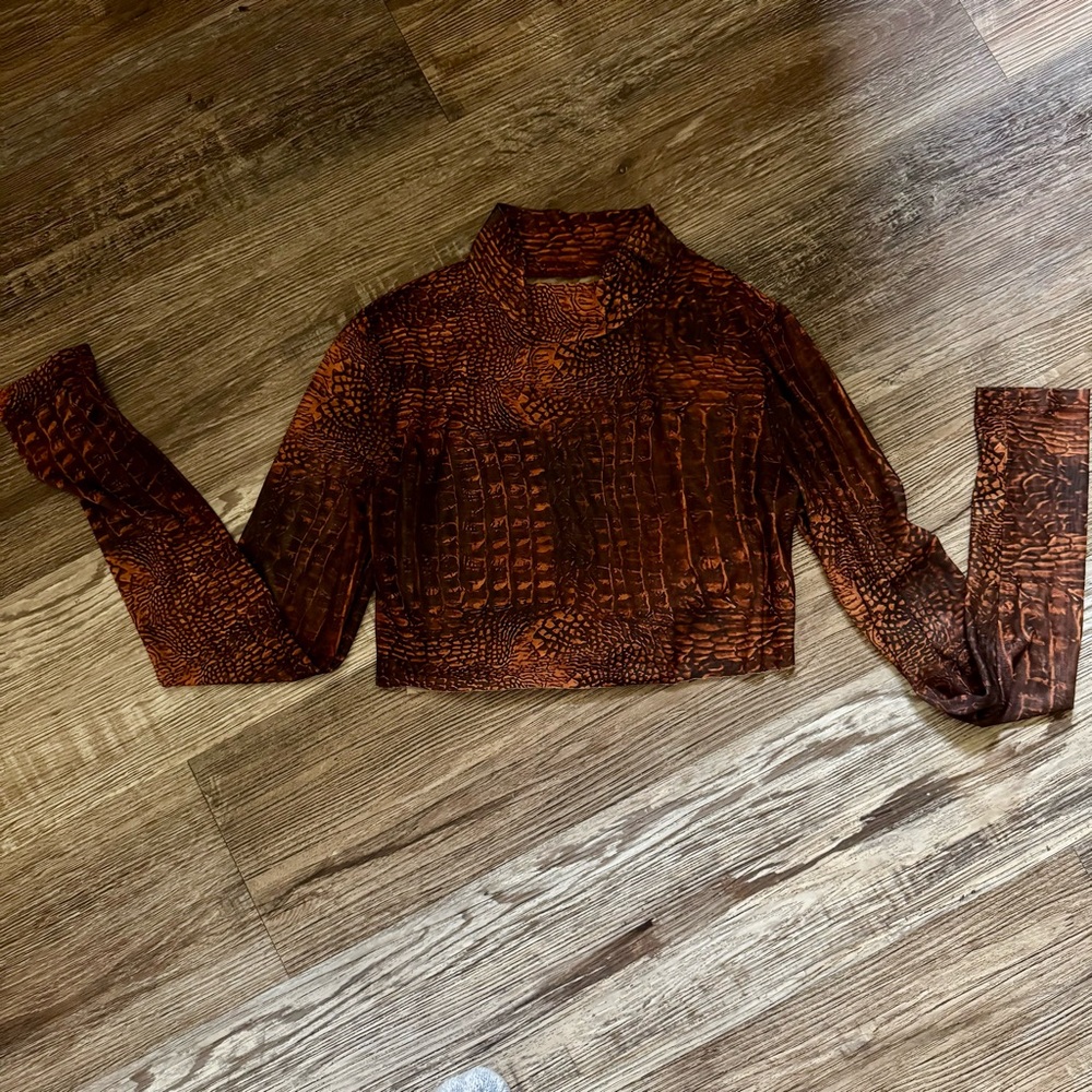 Brown  & Black Crocodile Print Long Sleeve Mesh  Crop Top Size Small